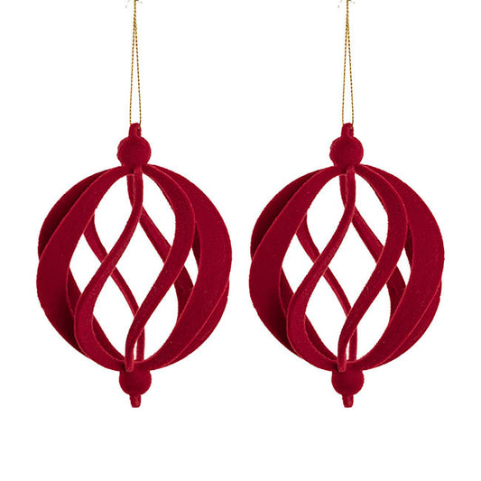 Hanging Flocked Swirl Bauble Pack 2 Dark Red (10cmD)