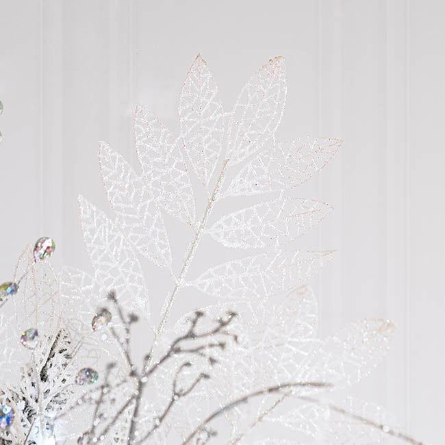 Glitter Artificial Leaf Spray Iridescent White (70cmH)