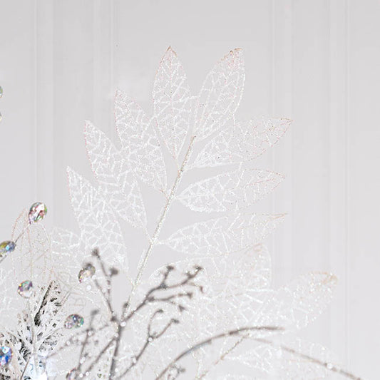 Glitter Artificial Leaf Spray Iridescent White (70cmH)