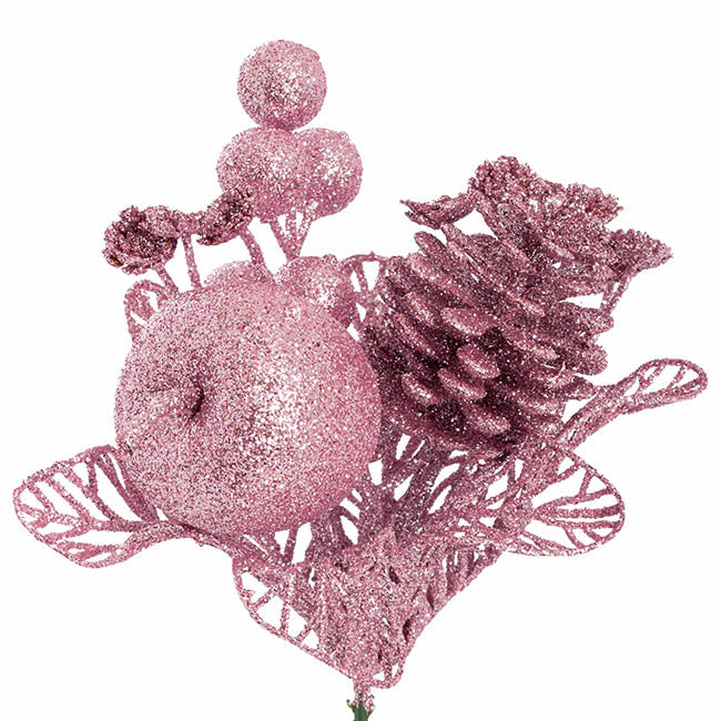 Apple Berries & Pinecone Christmas Pick Pink (26cmH)