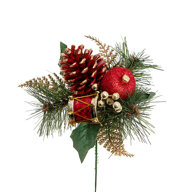 Christmas Pick w Apple & Drum Pack 3 Red (17.5cmH)