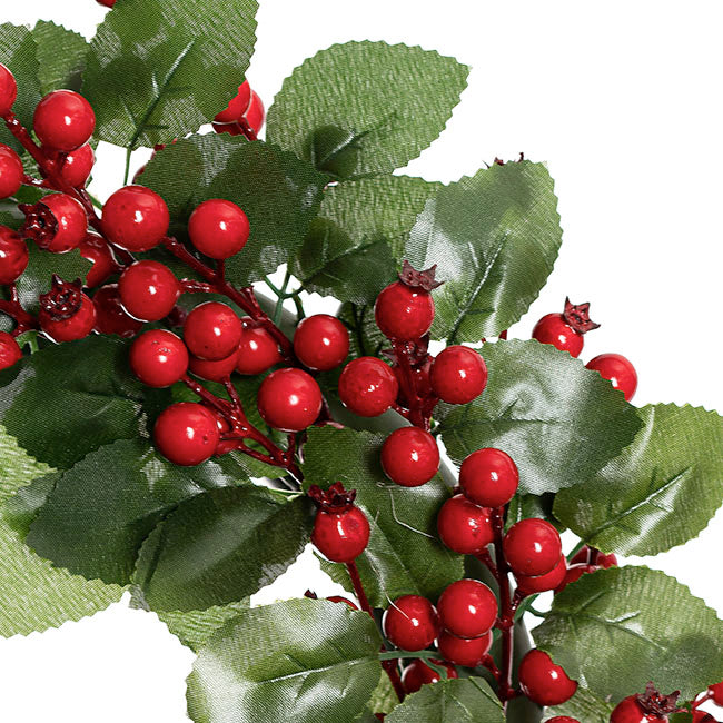 Lush Red Berry Wreath w Leaves Red (40cmD)