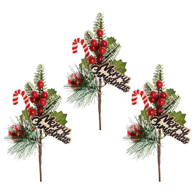 Christmas Snow Pine Berry Candy Pick Red Pack 3 (25cmH)
