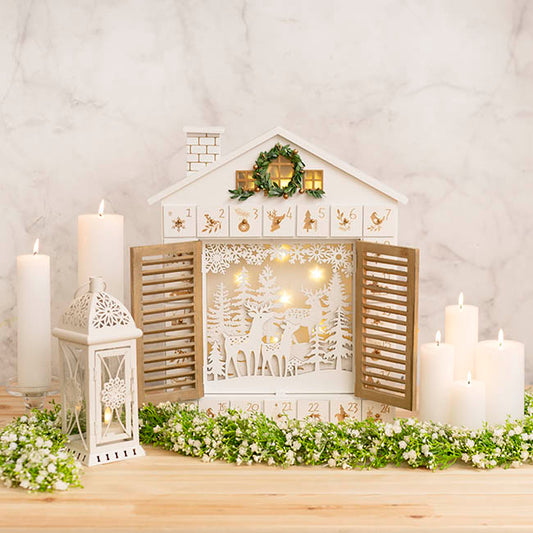 LED Reindeer Advent Calendar House White (46.5cmH)