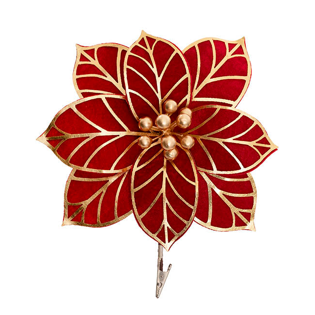 Variegated Poinsettia Clips Pack 2 Red & Gold (26cmDx10cmH)