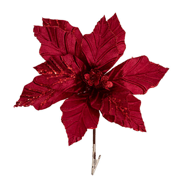 Velvet Poinsettia Clips Pack 3 Burgundy (32cmDx10cmH)