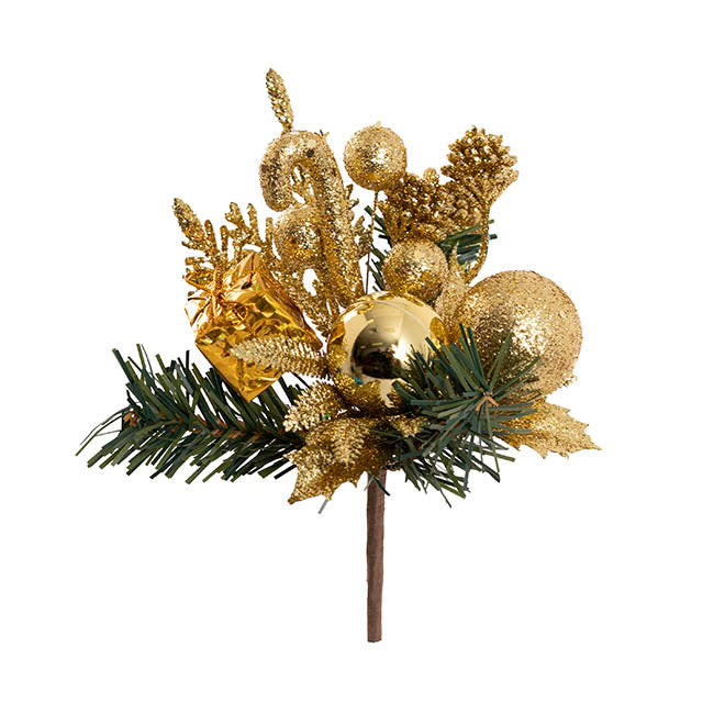 Pine Gift Box Bauble Pick Pack 3 Gold (20cmH)