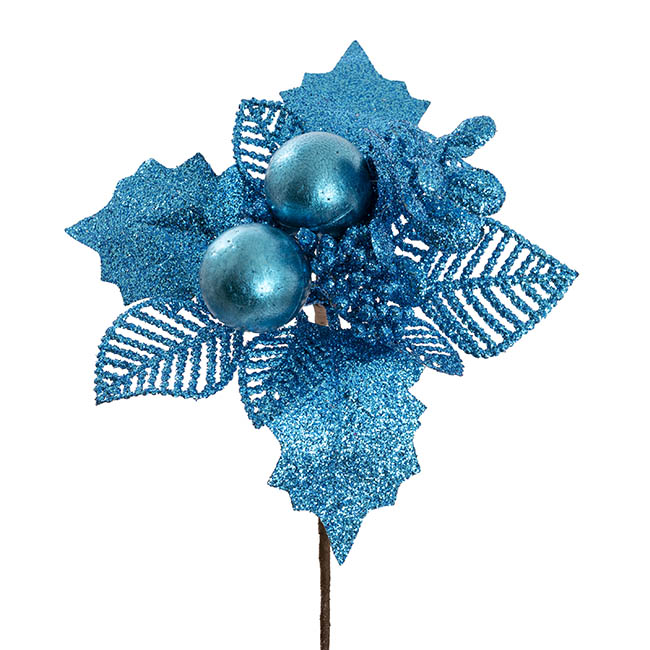 Bauble Leaf Christmas Picks Pack 4 Blue (20cmH)