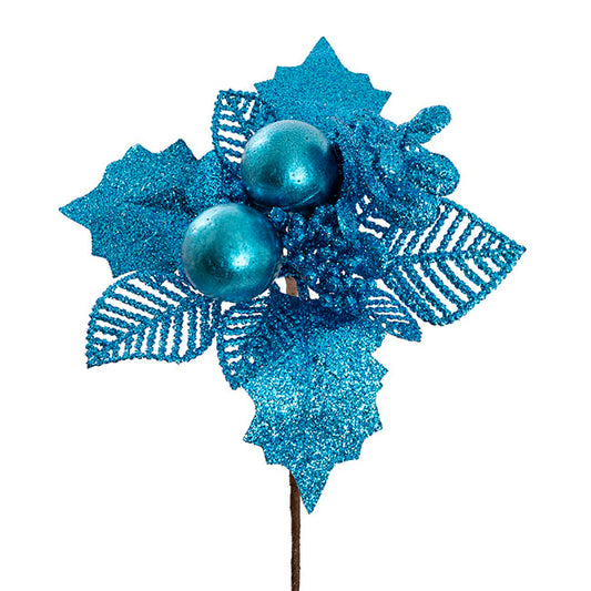 Bauble Leaf Christmas Picks Pack 4 Blue (20cmH)