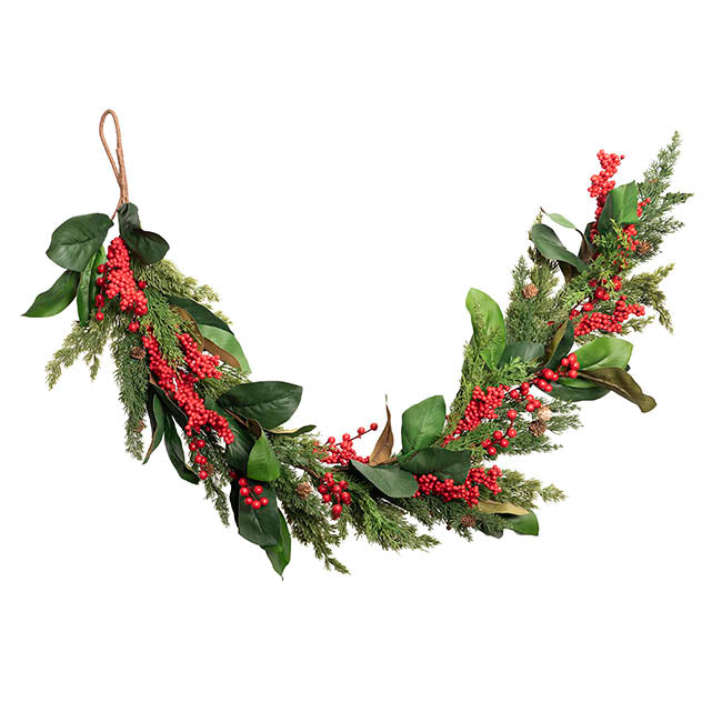 Mixed Pine Leaf Red Berry Garland Green (153cmL)