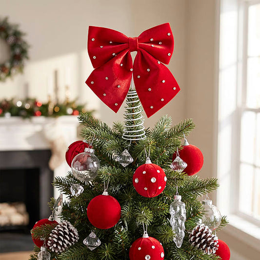 Velour Diamante Bow Tree Topper Red (19x27cmH)