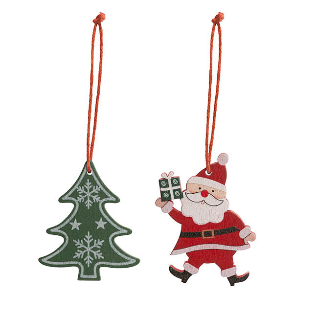 Hanging Wooden Santa & Tree Set 8 Red Green (13x13cm)