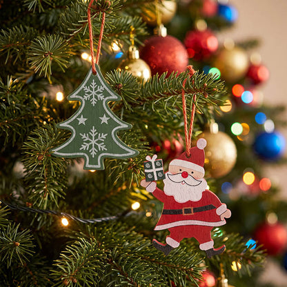 Hanging Wooden Santa & Tree Set 8 Red Green (13x13cm)