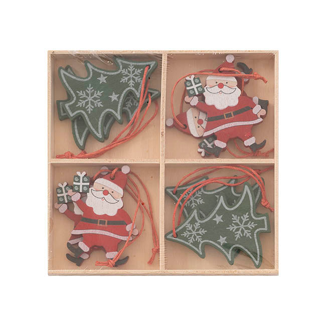 Hanging Wooden Santa & Tree Set 8 Red Green (13x13cm)