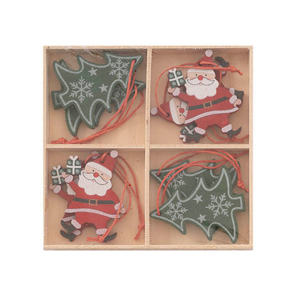Hanging Wooden Santa & Tree Set 8 Red Green (13x13cm)