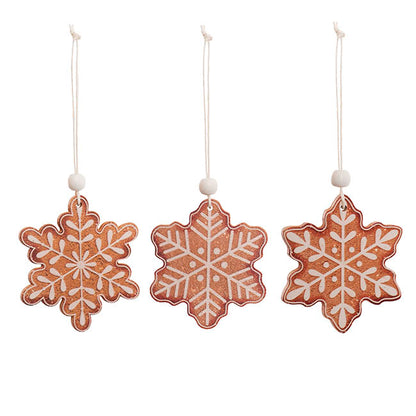 Hanging Wooden Gingerbread Snowflakes Set 6 Brown (7.5cmH)