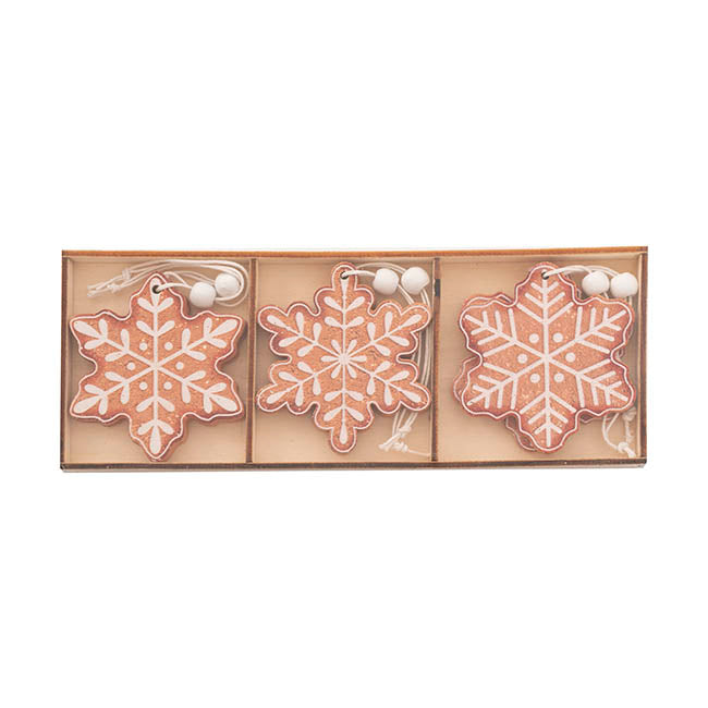 Hanging Wooden Gingerbread Snowflakes Set 6 Brown (7.5cmH)