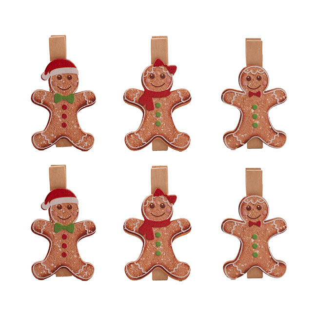 Gingerbread Man Assorted Wooden Pegs Set 6 Brown (6cmH)