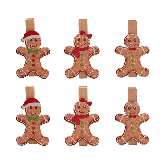 Gingerbread Man Assorted Wooden Pegs Set 6 Brown (6cmH)