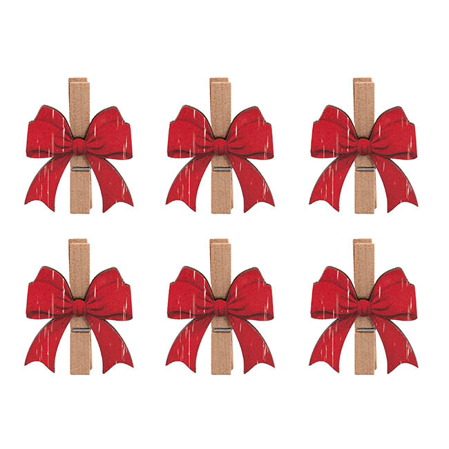 Mini Bow Wooden Pegs Set 6 Red (4cmH)