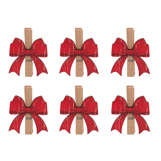 Mini Bow Wooden Pegs Set 6 Red (4cmH)