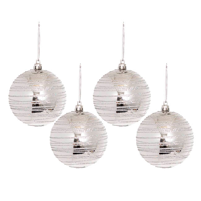 Glitter Shiny Baubles Pack 4 Silver (8cmD)