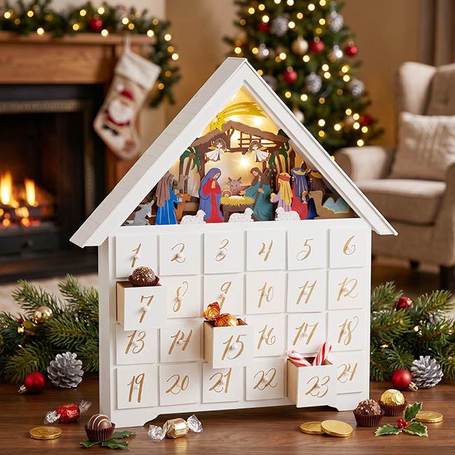 Nativity Scene Advent Calendar White (41.5x7.3x45cm)