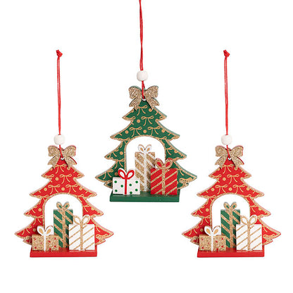 Hanging Wooden Assorted Trees Set 3 Red & Green (10cmH)