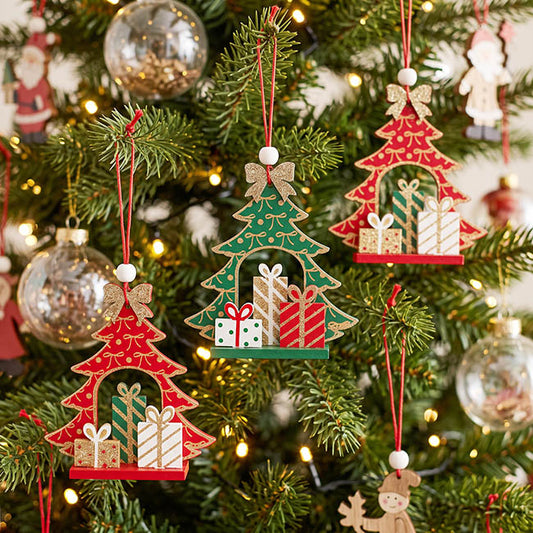 Hanging Wooden Assorted Trees Set 3 Red & Green (10cmH)