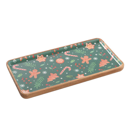 Acacia Wood Tray Gingerbread Man Pattern Green (17.5x35cm)