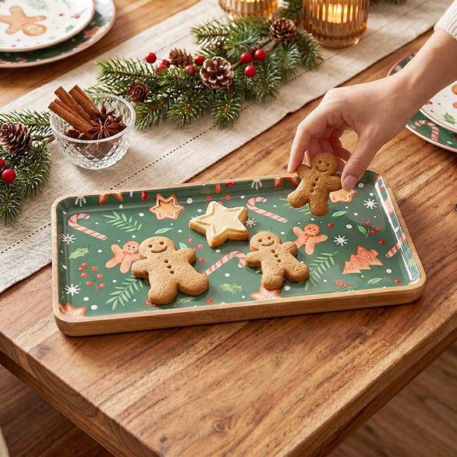 Acacia Wood Tray Gingerbread Man Pattern Green (17.5x35cm)