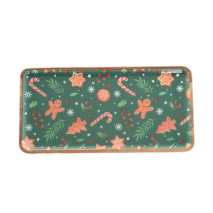 Acacia Wood Tray Gingerbread Man Pattern Green (17.5x35cm)