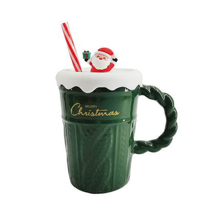 Festive Christmas Mug w Lid & Straw Green (400mL)