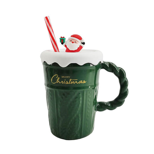 Festive Christmas Mug w Lid & Straw Green (400mL)