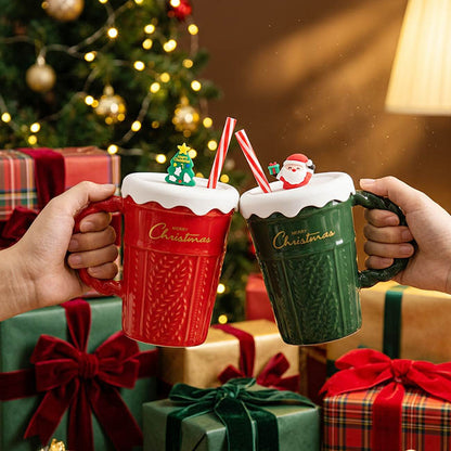 Festive Christmas Mug w Lid & Straw Green (400mL)