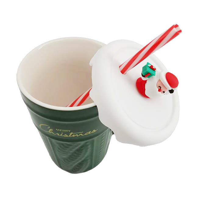 Festive Christmas Mug w Lid & Straw Green (400mL)
