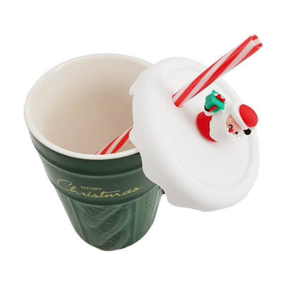 Festive Christmas Mug w Lid & Straw Green (400mL)