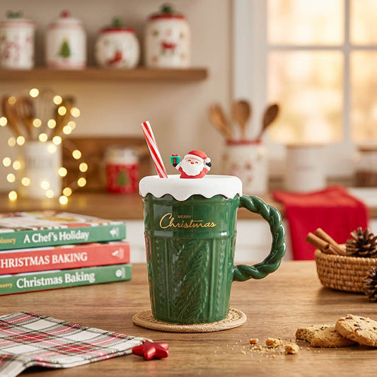 Festive Christmas Mug w Lid & Straw Green (400mL)
