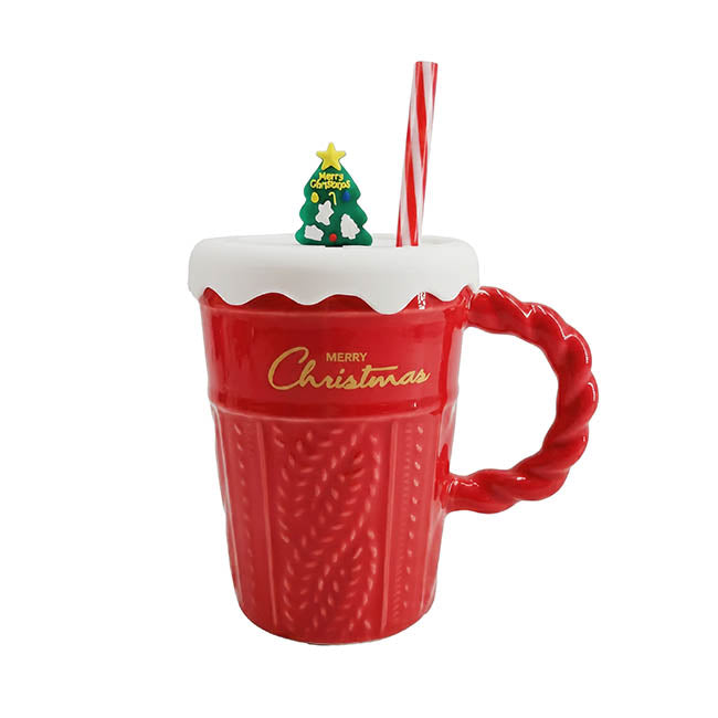 Festive Christmas Mug w Lid & Straw Red (400mL)