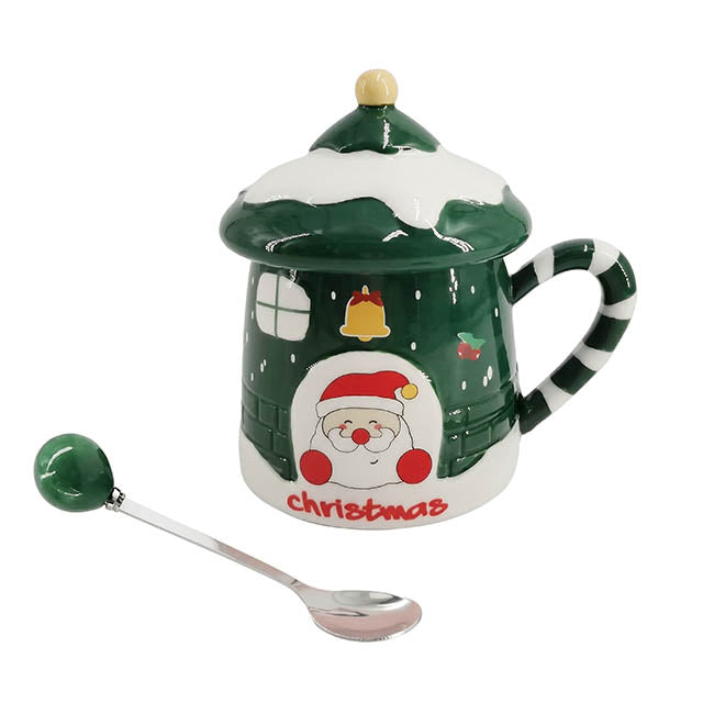 Christmas Mug w Spoon Santa's Cottage Green (350mL)
