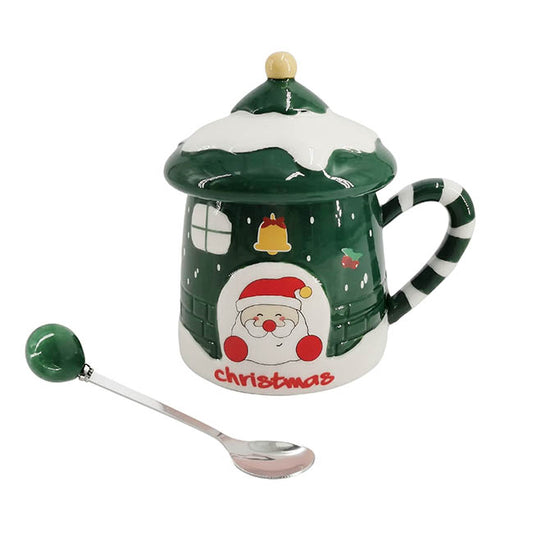 Christmas Mug w Spoon Santa's Cottage Green (350mL)