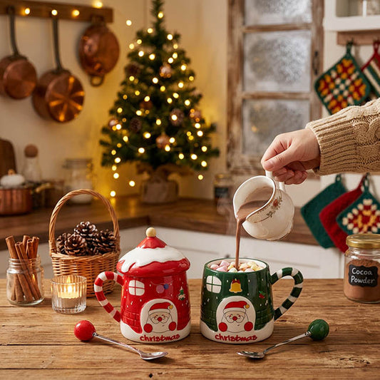 Christmas Mug w Spoon Santa's Cottage Green (350mL)