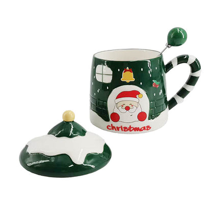 Christmas Mug w Spoon Santa's Cottage Green (350mL)