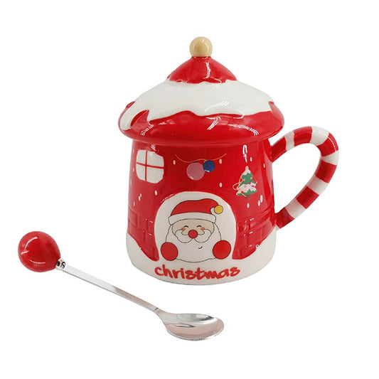 Christmas Mug w Spoon Santa's Cottage Red (350mL)