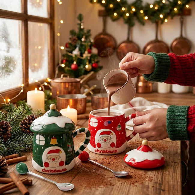 Christmas Mug w Spoon Santa's Cottage Red (350mL)