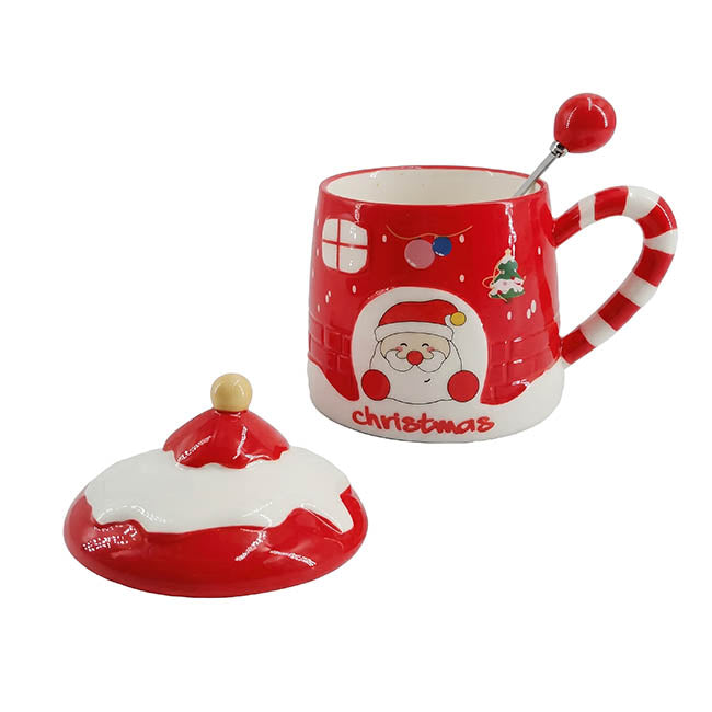 Christmas Mug w Spoon Santa's Cottage Red (350mL)