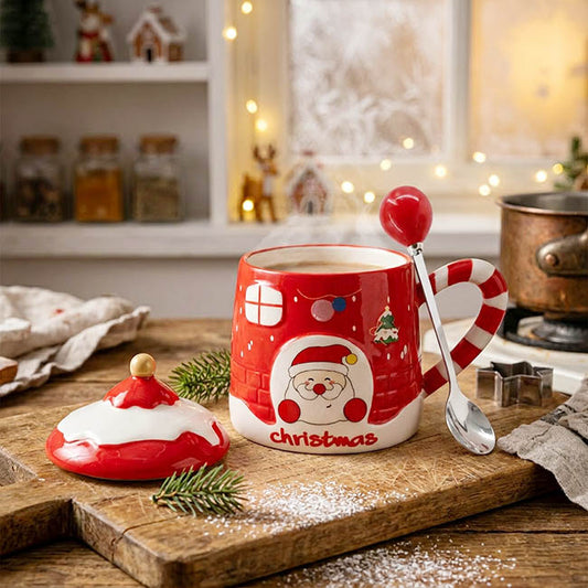 Christmas Mug w Spoon Santa's Cottage Red (350mL)