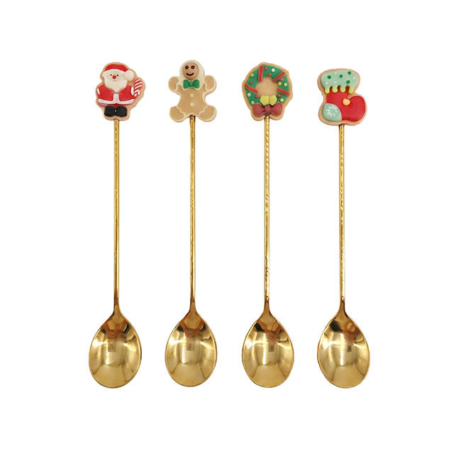 Assorted Christmas Teaspoon Set 4 Gold (13cmH)