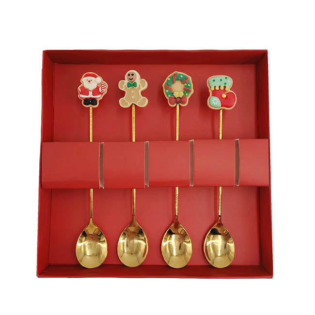Assorted Christmas Teaspoon Set 4 Gold (13cmH)
