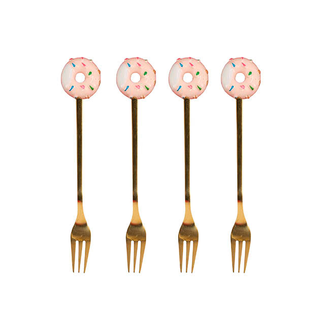 Donut Fork Set 4 Pink & Gold (13cmH)